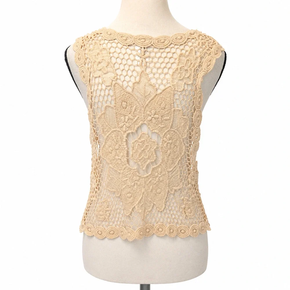 Soul Cake Crochet Lace Vest Womens Size L/XL Tan 100% Cotton Bohemian Festival - Picture 2 of 7